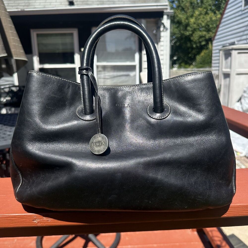 Vintage Furla Top Handle Satchel Smooth Black Leather Bag Y2K Made In Italy